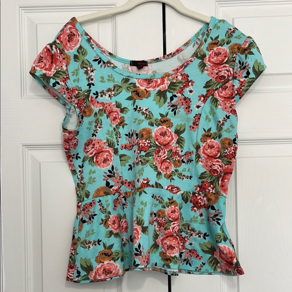 Floral Women's Peplum Top - Blue and Pink